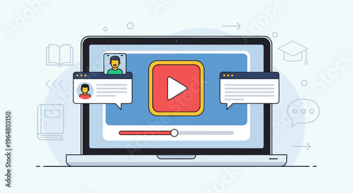 Laptop screen showing online video tutorial with chat window. E-learning or webinar design. Distant education concept. Vector illustration
