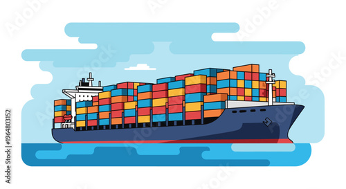 Large cargo container ship sailing ocean with stacked colorful boxes for global freight transportation and delivery concept. Vector illustration