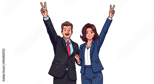 Man and woman in business attire making V-sign gesture with raised hands. Success, celebration, partnership concept. Vector illustration for banner, poster