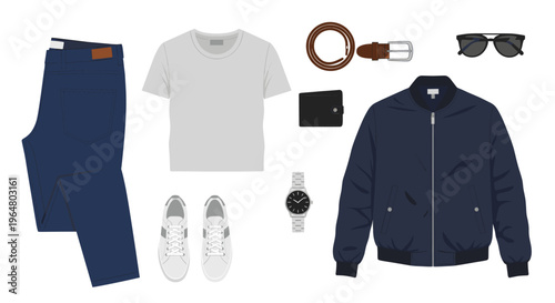 Man's casual outfit with blue jeans and bomber jacket. Flat lay summer look for men with accessories. Vector illustration for fashion blog, store, advertising