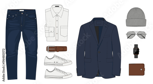 Men clothing set, basic wardrobe for man. Fashion style. Vector illustration of casual apparel for clothes shop, banner