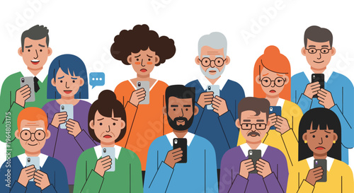 People holding smartphone looking at screen. Social media addiction, digital communication technology concept. Modern flat vector illustration for banner, website
