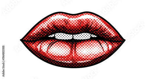 Retro comic pop art style red female lips with halftone dot texture isolated on white. Woman mouth expression. Vector illustration for design
