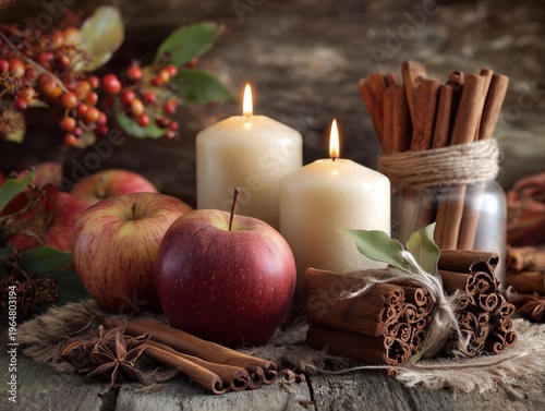 Candlelit Display With Apples, Cinnamon Sticks, and Herbs on Wooden Surface