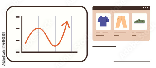 Business analytics, e-commerce success, retail trends, online sales, digital marketing, product browsing. Line graph paired with an online store interface. E-commerce success and retail trends