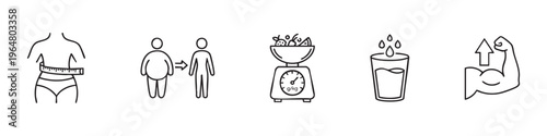 Health, fitness and weight loss line icon set featuring waist measurement, body transformation, diet scale, hydration glass and muscle gain symbol