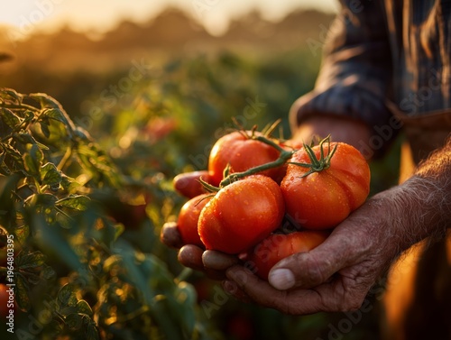 Farmer Gathers Ripe Tomatoes During Harvest Season in Evening Light