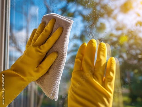Cleaning Windows in Daylight With Yellow Rubber Gloves and a Cloth