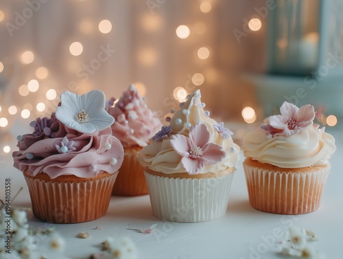 Cupcakes With Floral Decorations on a Table With Soft Lighting in a Cozy Setting