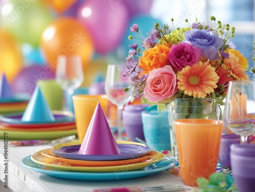 Colorful Party Setup With Decorations, Flowers, and Plates for Celebration Ne...