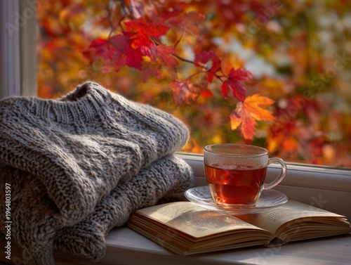 Warm Tea and Cozy Sweater Near a Window With Autumn Leaves on a Sunny Day