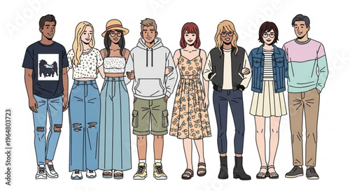 A diverse group of young adults standing together in a modern illustration