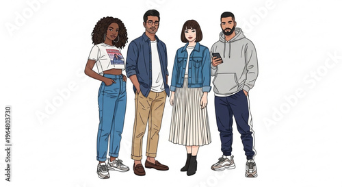 A diverse group of four young adults standing together in casual clothing, smiling and looking at the viewer.