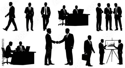 A set of black silhouette icons depicting businessmen in various professional settings and actions.