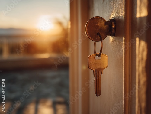 Golden Key Hanging in Door as Sunlight Shines Through in the Early Evening