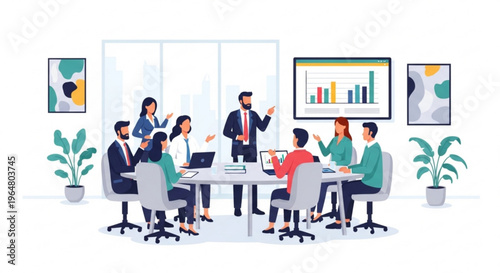 A group of business professionals engaged in a meeting around a conference table with a presentation on the screen