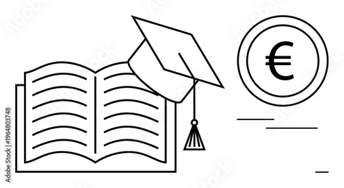 Education funding, academic goals, scholarships, financial planning, student loans, higher education. Open book, graduation cap and Euro coin. Education funding and academic goals concept
