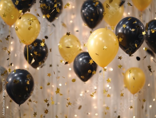 Balloons and Stars Fill a Festive Space for a Celebration Event in the Evening