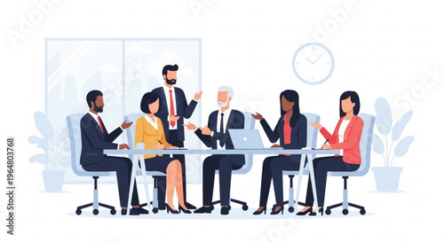 A diverse group of business professionals engaged in a meeting around a conference table in a modern office setting