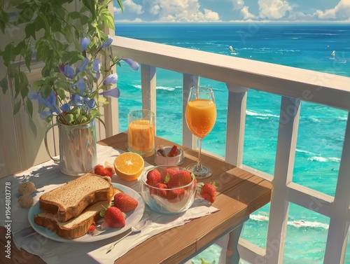 Breakfast on a Balcony With Ocean View and Fresh Fruits, Toast, and Drinks in...