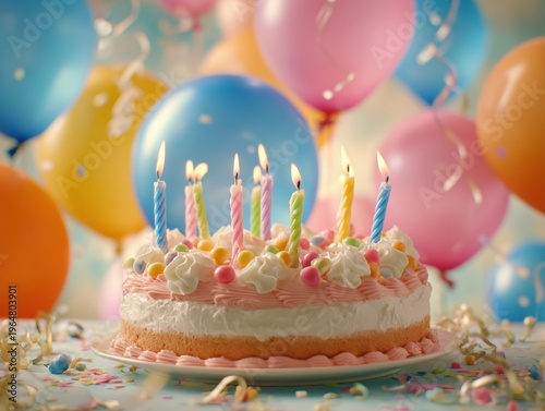 Birthday Celebration With Cake, Balloons, and Festive Lights