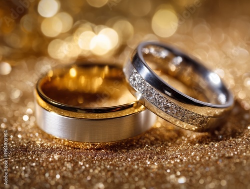 Two Wedding Rings Displayed on a Shimmery Background During a Celebration