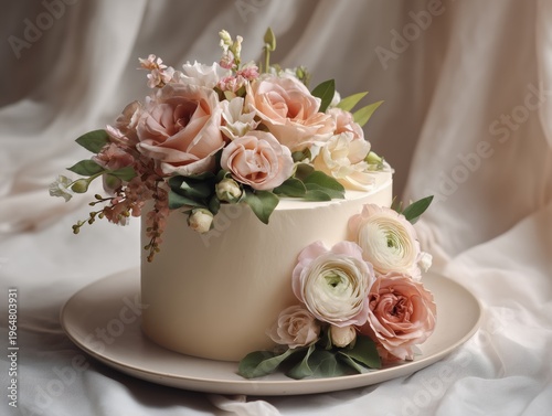 Decorative Cake With Flowers Placed on a Round Plate in a Simple Setting