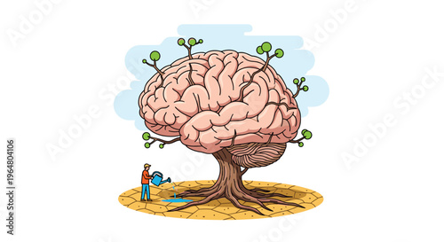A pink human brain is depicted as a tree with roots in cracked ground, and a small man waters a puddle at its base.