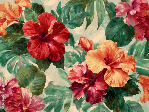 Colorful Hibiscus Flowers Bloom in a Garden During Warm Summer Days