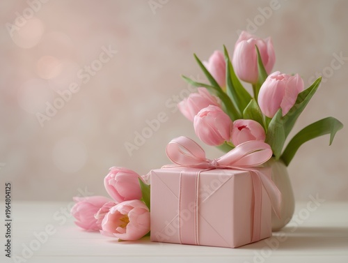 Bright Pink Tulips and a Gift Box on a White Table With a Soft Background