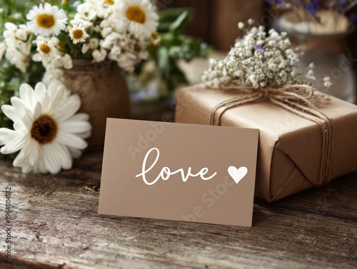 Gifts and Flowers With a Love Card on a Wooden Table During a Celebration