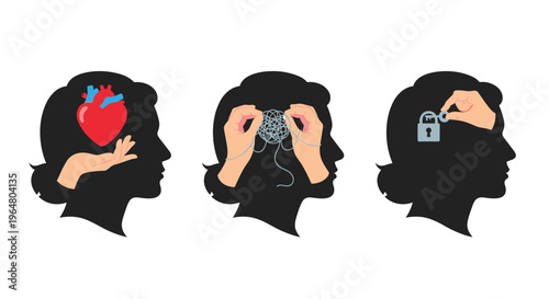 Three black human head silhouettes are arranged horizontally, each showing a different mental state like holding a heart, untangling a knot, and locking a brain.