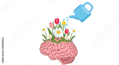 A pink human brain is depicted with colorful flowers growing from its top surface, being watered by a blue watering can from above.