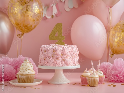 Birthday Party Setup With Cake and Decorations for a Childs Fourth Birthday Celebration