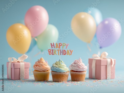 Cupcakes With Colorful Frosting and Birthday Decorations at a Celebration