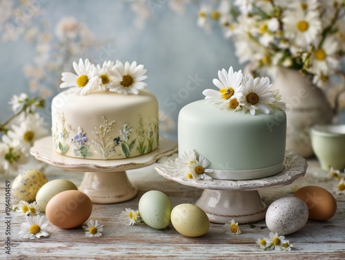 Spring Cakes With Flowers and Eggs on a Table Near Blooming Branches for Fest...