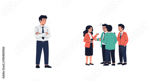 A solitary man stands with crossed arms and a sad expression while four colleagues engage in lively conversation on a white background.