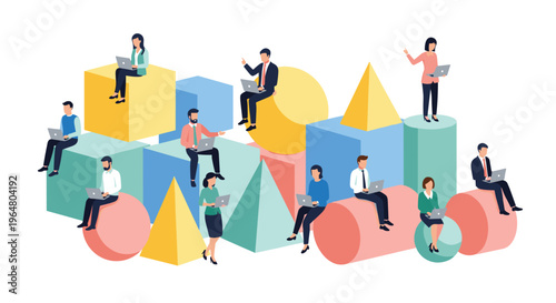 Twelve people are positioned on colorful 3D geometric shapes, all actively using laptops on a white background.