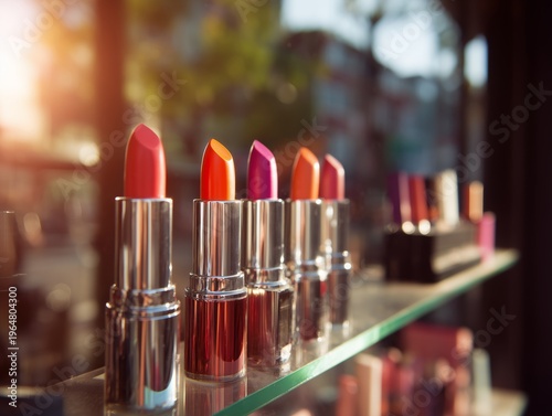 Different Colors of Lipstick Displayed in a Shop Window During Late Afternoon...