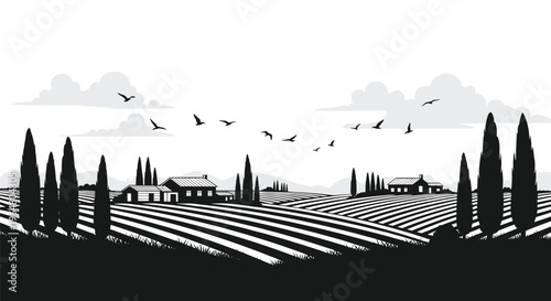 A black and white silhouette illustration showcases a rural landscape with striped fields, farmhouses, and cypress trees under a cloudy sky.