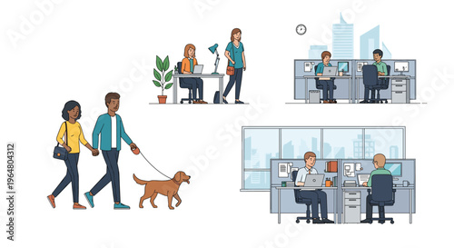 Four separate scenes depict people working in offices and a couple walking a dog on a white background.