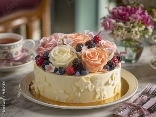 Delicious Cake Decorated With Flowers and Berries on a Table With Tea and Flo...