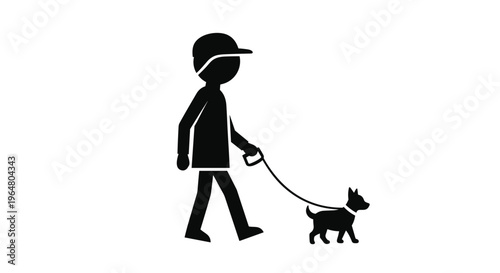 A black silhouette stick figure of a man wearing a cap walks a small dog on a leash on a white background.