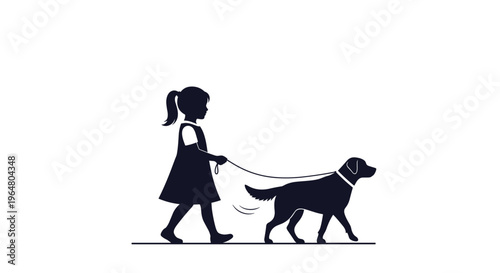 A dark silhouette of a young girl with a ponytail walks a medium-sized dog on a leash on a clean white background.