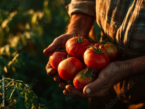 Farmer Gathers Ripe Tomatoes During Harvest Season in Evening Light