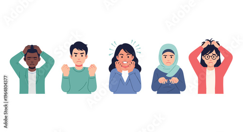 Five diverse individuals are shown experiencing stress, anxiety, and frustration on a clean white background.