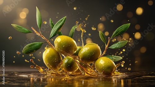 Green olives with leaves and splashing olive oil droplets