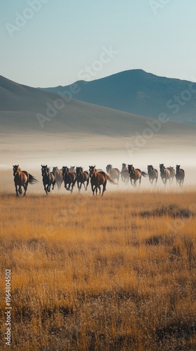 Horses Run Through a Dusty Field in the Late Afternoon Sun