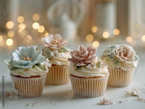 Cupcakes With Floral Decorations on a Table With Soft Lighting in a Cozy Setting
