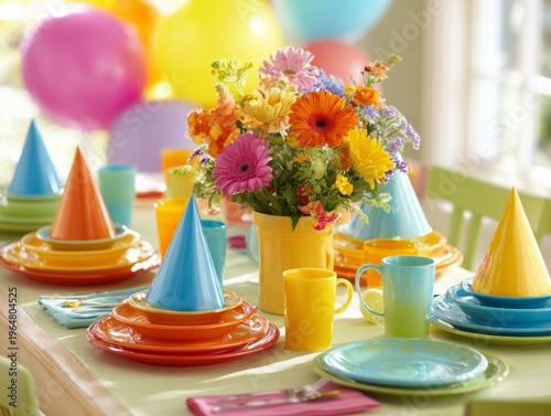 Colorful Party Setup With Decorations, Flowers, and Plates for Celebration Ne...